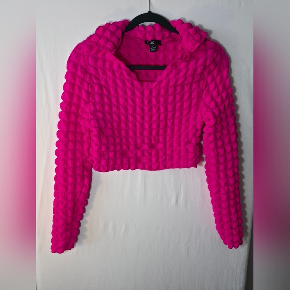 Love Tops - LOVE Hot Pink 3D Bubble Scrunchie Long Sleeve Cropped Retro Y2K Barbiecore Crop